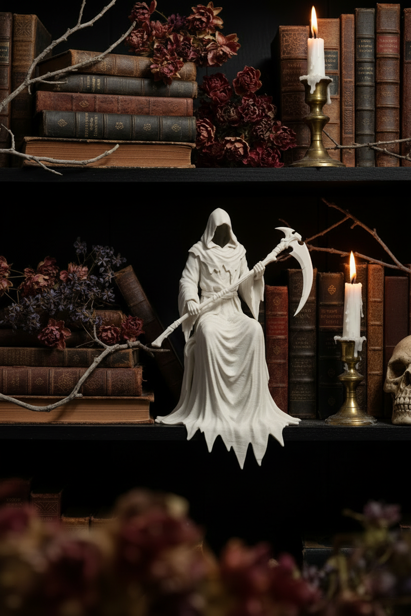 Grim Reaper figure on dark marble with black roses and dramatic lighting