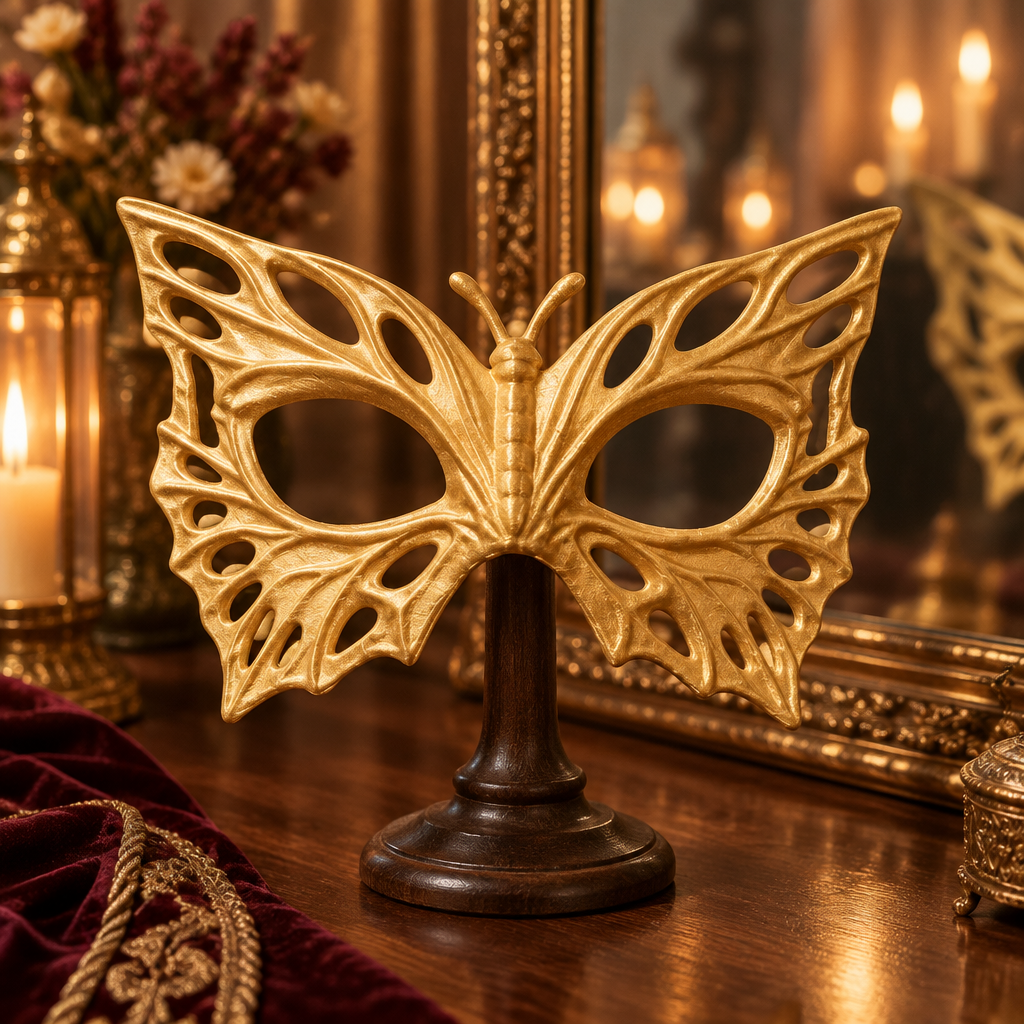 Gold metallic Butterfly Mask on a stand beside a mirror.