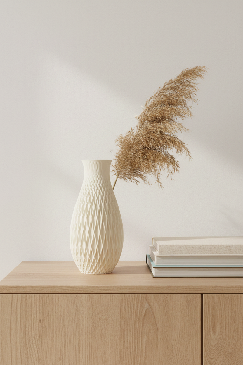 Textured Geometric Vase white diamond-weave lattice on pale oak sideboard beside pampas grass and art books soft natural window light Japandi interior