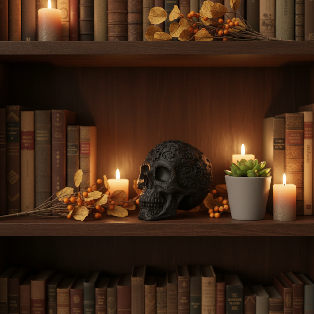 Matte black ornate Mexican skull on dark bookshelf with vintage books succulent and burning candles editorial lifestyle