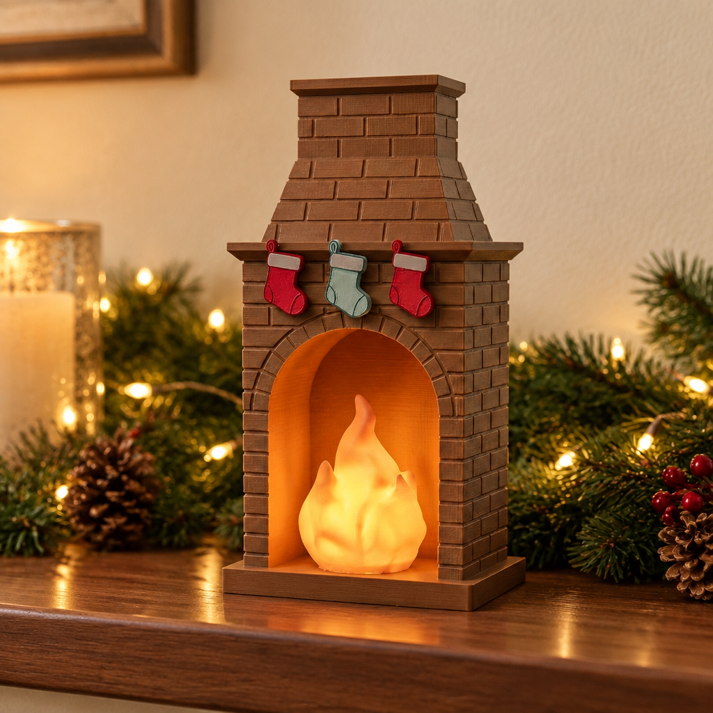 Miniature brick fireplace tealight holder with stockings on a styled mantel shelf