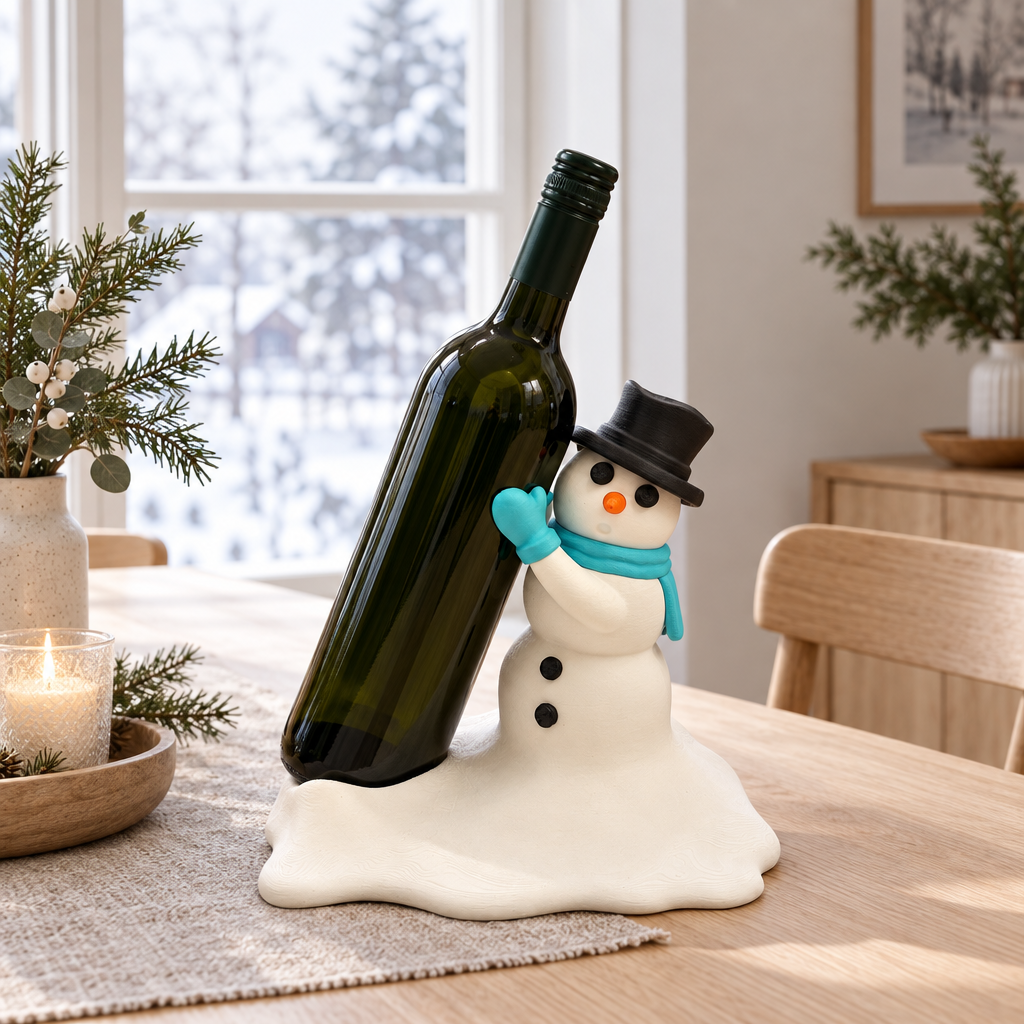 Snowman bottle holder with plain bottle in a light Scandinavian-style dining room