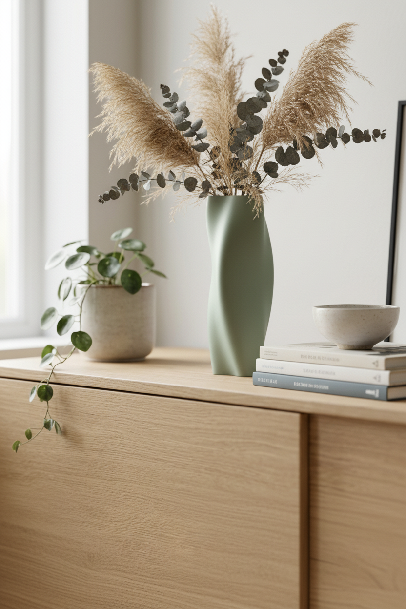 Sage green twist vase with pampas on oak sideboard - lifestyle