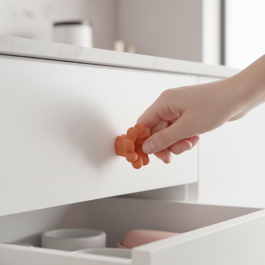 Hand pulling orange twisted handle on kitchen drawer - lifestyle