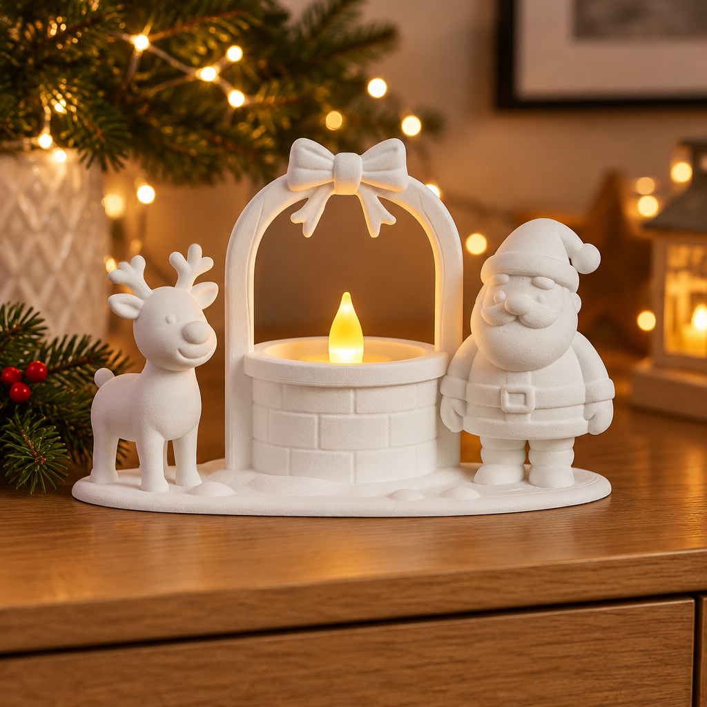 Santa and reindeer tealight holder on an oak sideboard with Christmas greenery
