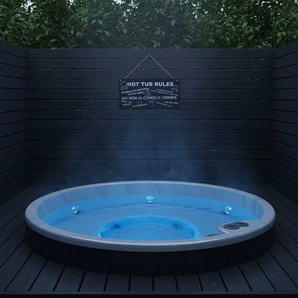 Hot Tub Rules Sign hanging on a wooden privacy screen behind a hot tub