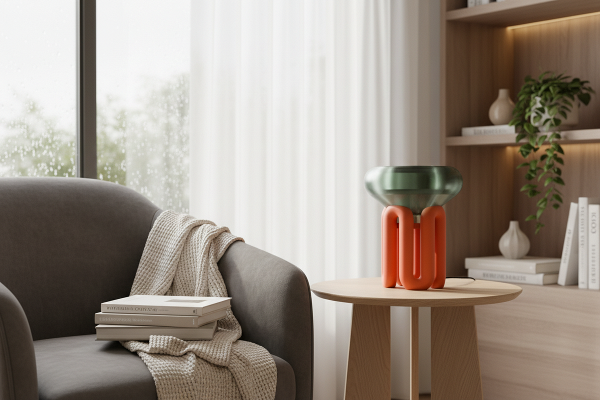 Coral Wibble Base Lamp with translucent green shade in a cosy reading nook