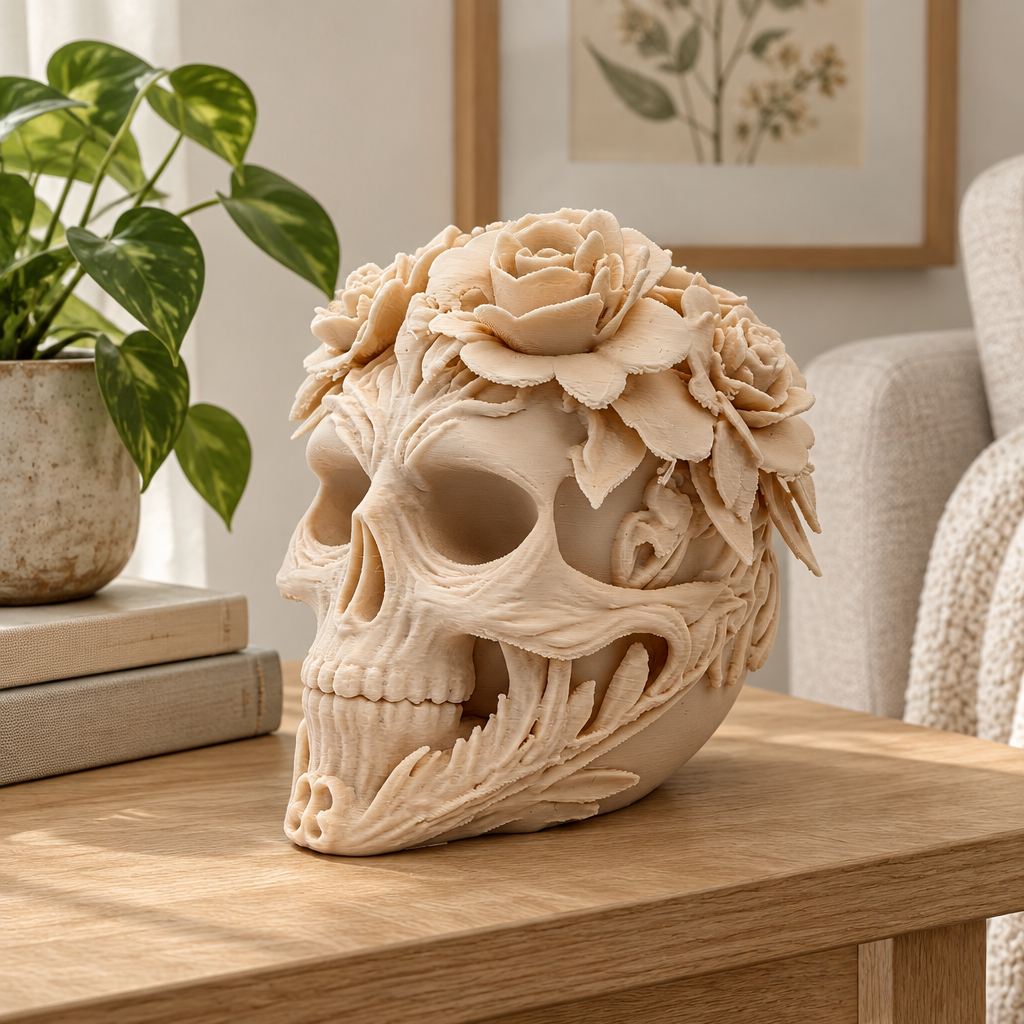 Pale flower-crowned skull displayed directly on a light oak side table