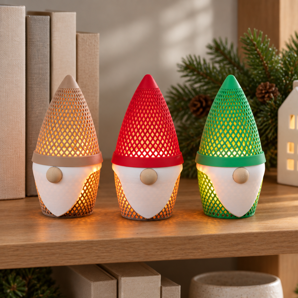 Set of three lattice gonk tealight holders on a bookshelf with winter greenery