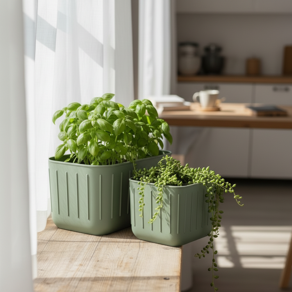 Scandinavian Plant Pot Pair in sage green — kitchen windowsill lifestyle