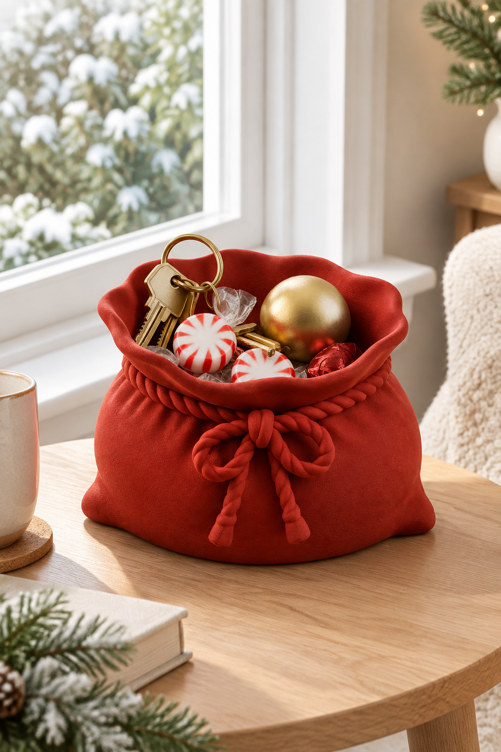 Red sack sweet bowl on a bright winter windowsill