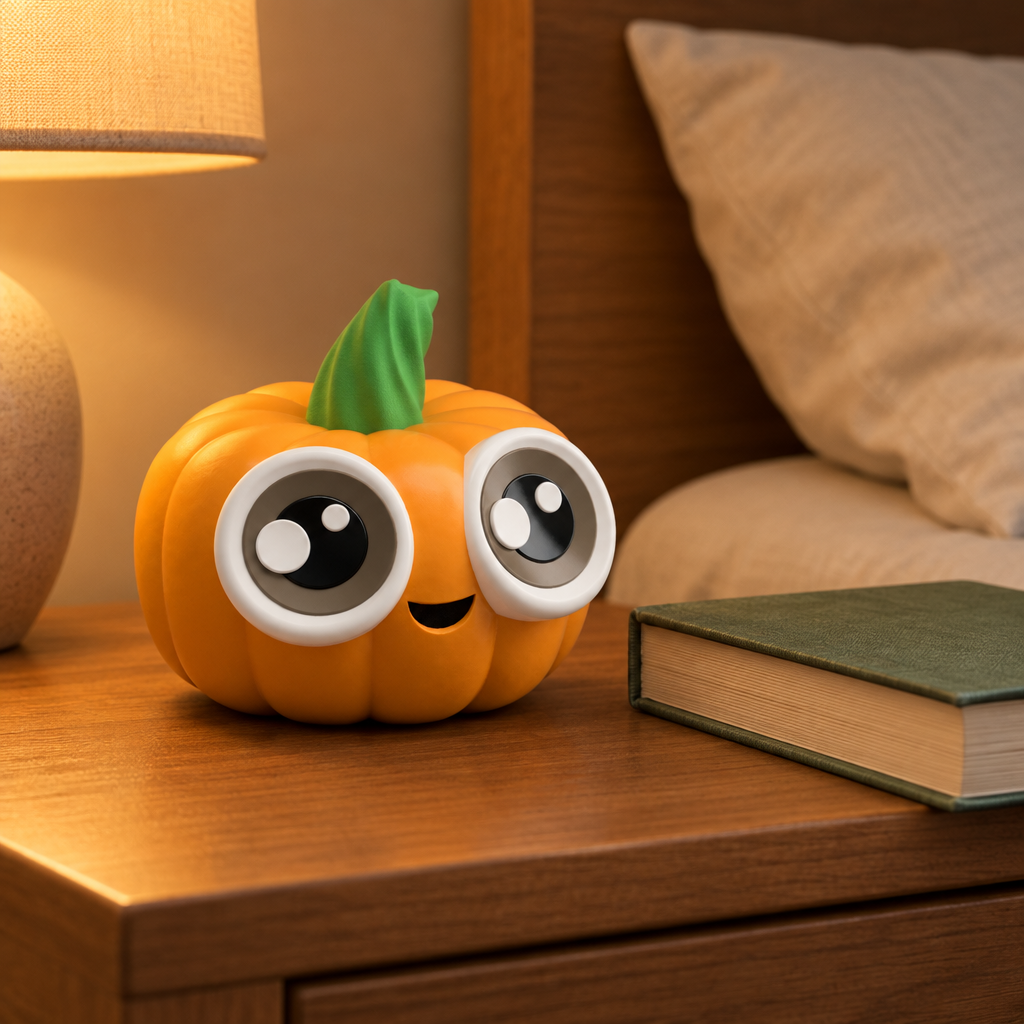 Cute Li'l Pumpkin displayed on a bedside table with a book