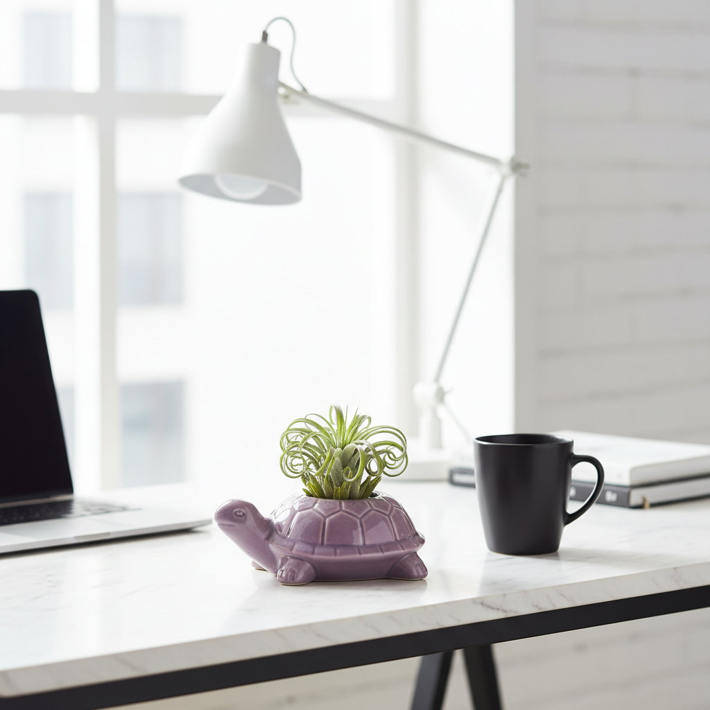 Dusty purple turtle planter with a small air plant on a marble desk with a coffee mug