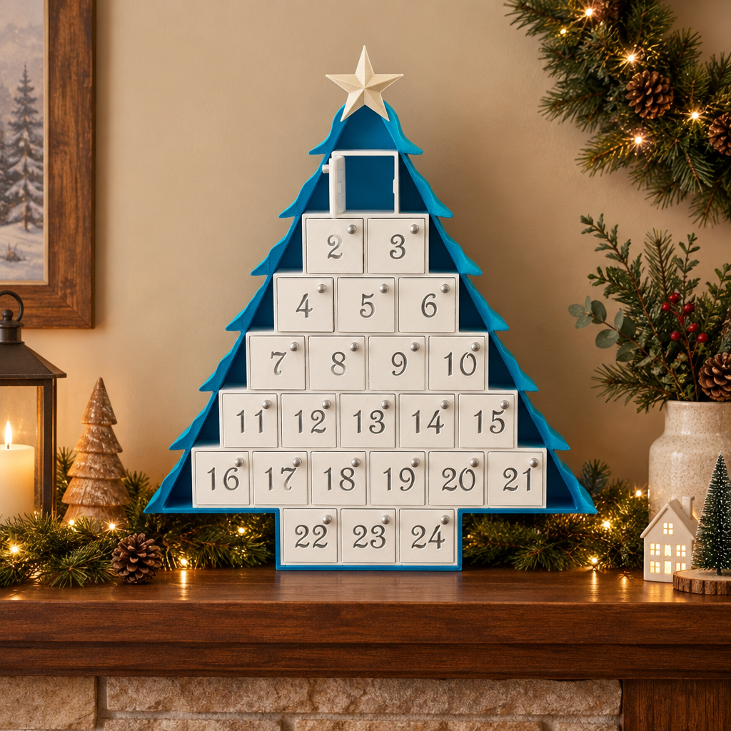 Tree-shaped advent calendar with numbered drawers styled on a Christmas mantel