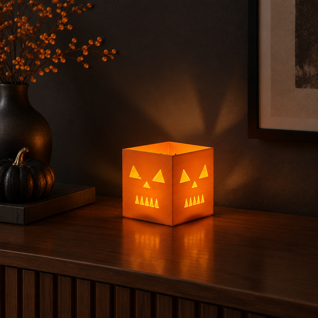 Orange cube pumpkin holder glowing on a console against a charcoal wall with a flameless LED tealight