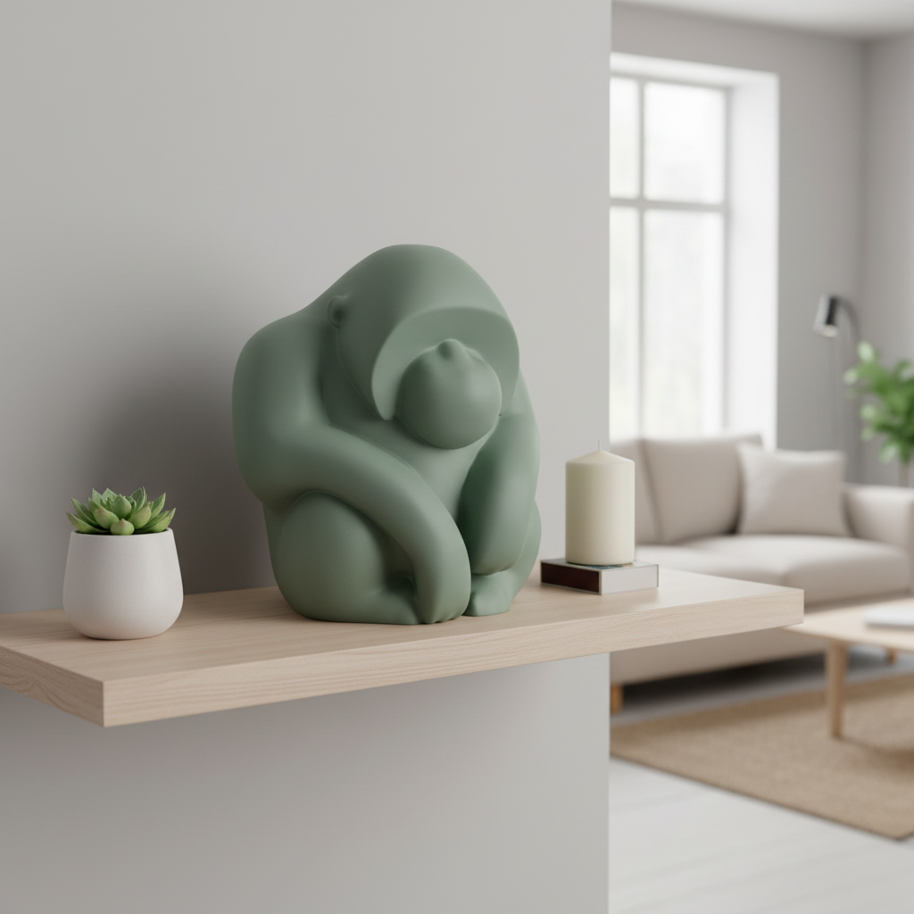 Sage green Orang Sculpture on a Scandinavian wooden shelf with a small plant and candle