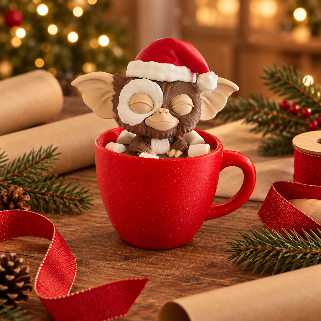 Gizmo Christmas ornament with plain wrapping paper, ribbon and pine sprigs