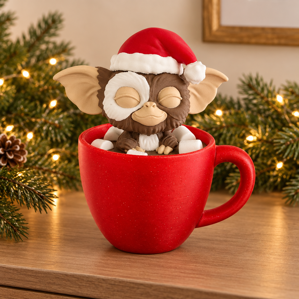 Gizmo in a Santa hat and red mug displayed on a neutral festive sideboard