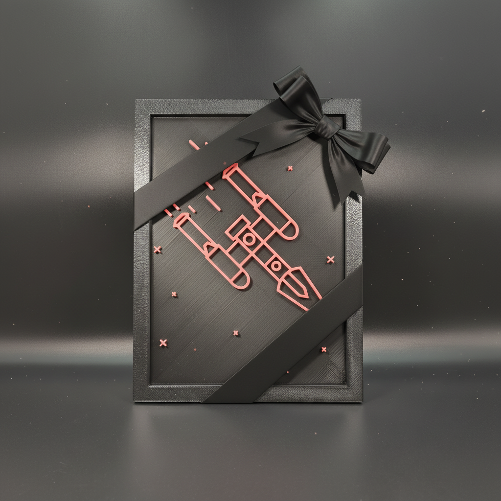 Y-Wing neon line art shadow box presented as a premium gift with matte black ribbon and bow