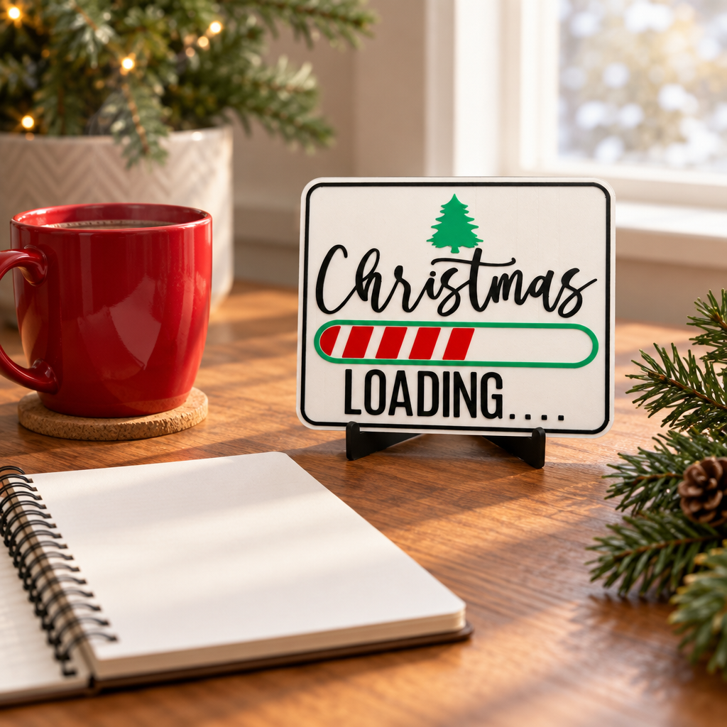 Christmas Loading Sign on a desk beside a red mug and small evergreen branch
