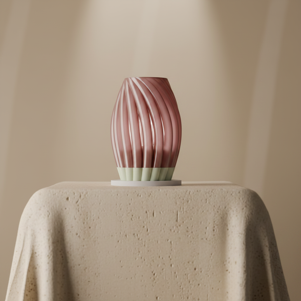 Twist Bloom Lamp dusty rose pink with white base diagonal twist-blade spiral fins close up macro raking side light travertine surface cream wall square editorial