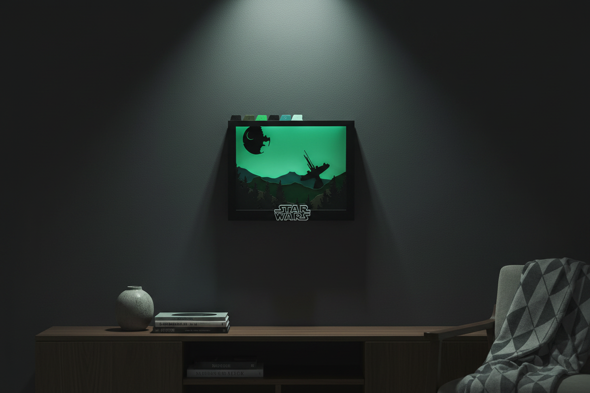 Star Wars Endor Shadow Box hung on a dark feature wall with dramatic teal-green Endor atmospheric lighting