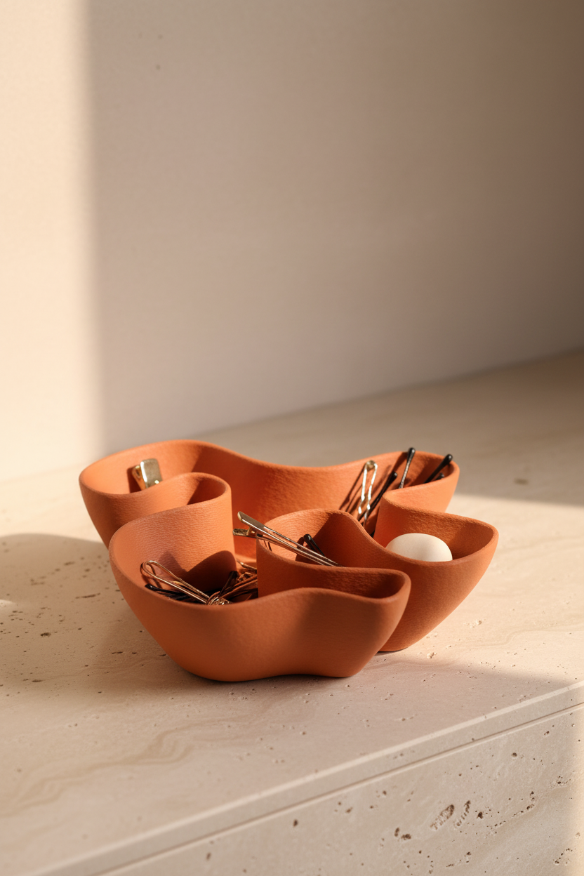 Fabric Ripple Bowl terracotta orange matte sweeping fabric-fold rim sculpted interior compartments pale travertine bathroom shelf hair clips bobby pins minimal spa bathroom soft warm diffuse light portrait