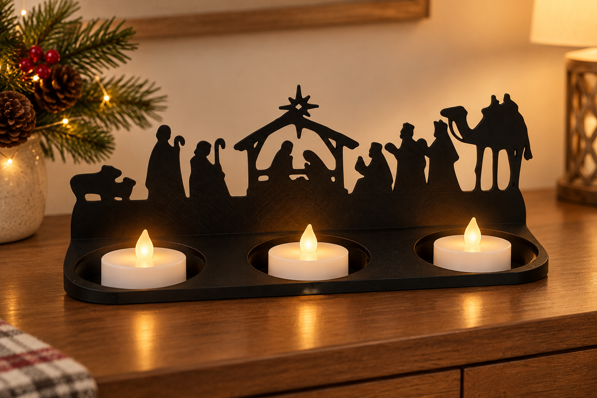 Angled view of Nativity scene tealight holder showing all three round recesses on its base.