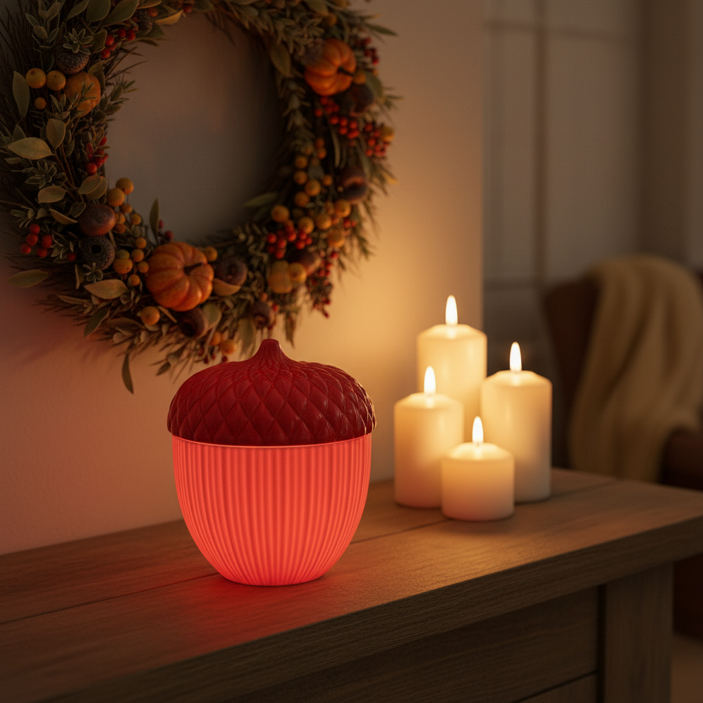Ribbed Acorn Container - Red colourway glowing on mantelpiece