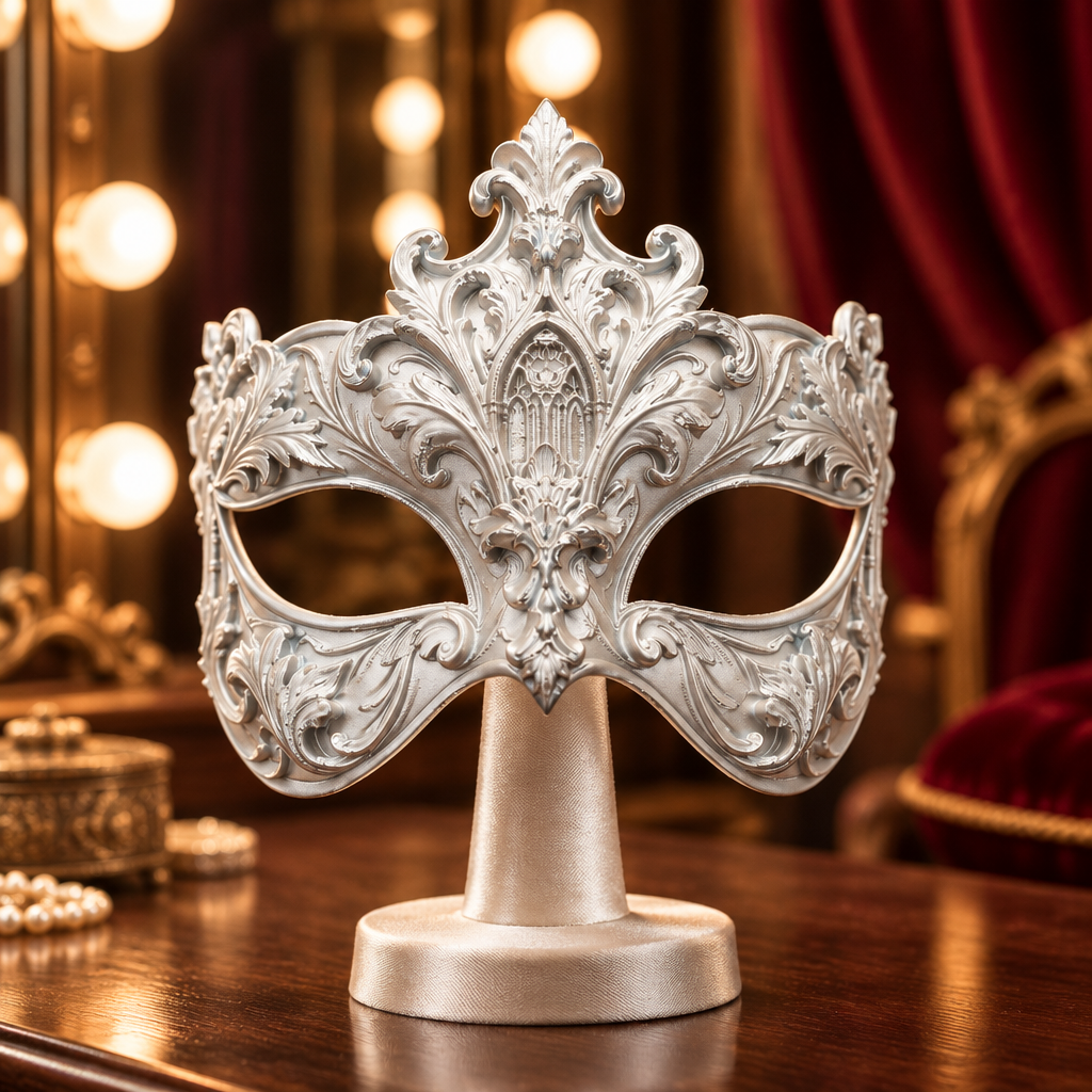 Silver ornate masquerade mask displayed in a theatre dressing room, no strap included