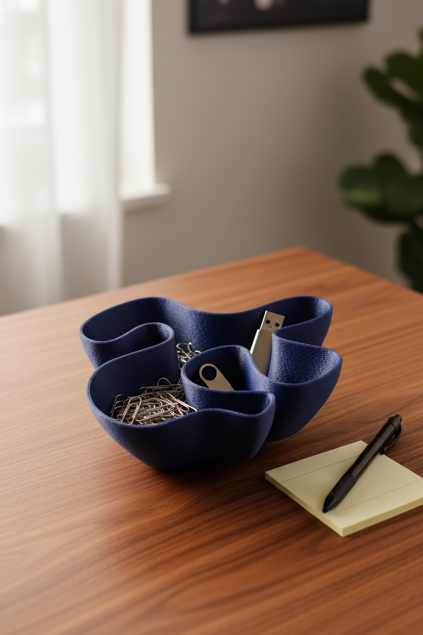 Fabric Ripple Bowl deep navy blue matte sweeping fabric-fold rim sculpted interior compartments warm walnut desk paper clips USB stick stationery minimal contemporary home office soft morning window light portrait