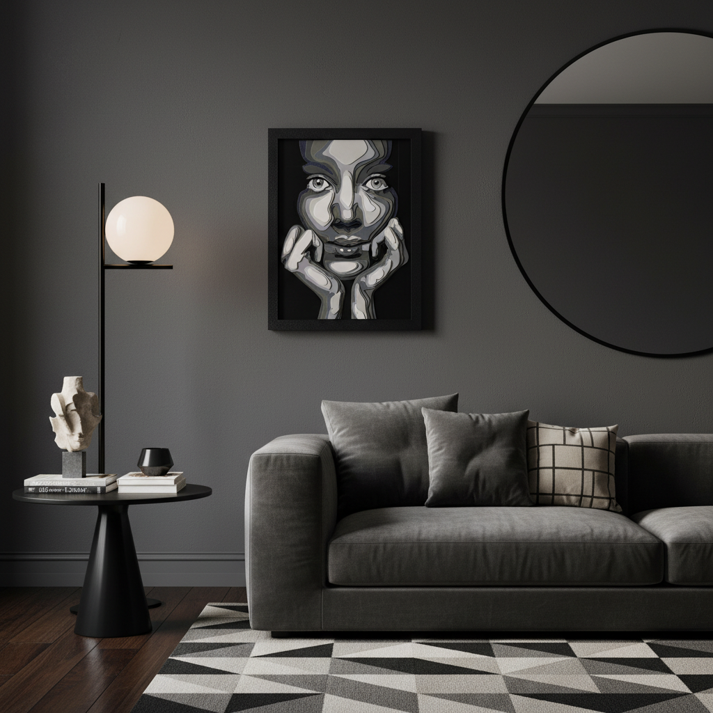The Girl in Layers shadow box displayed on a dark accent wall in a moody sophisticated living room