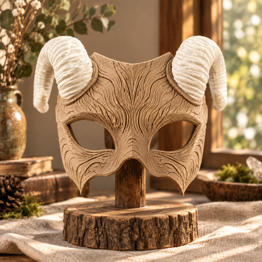 Beige Faun Mask with ivory horns displayed in a natural woodland-inspired interior, strap not included