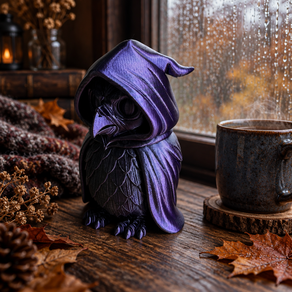 Cloaked Owl sculpture by a rainy window