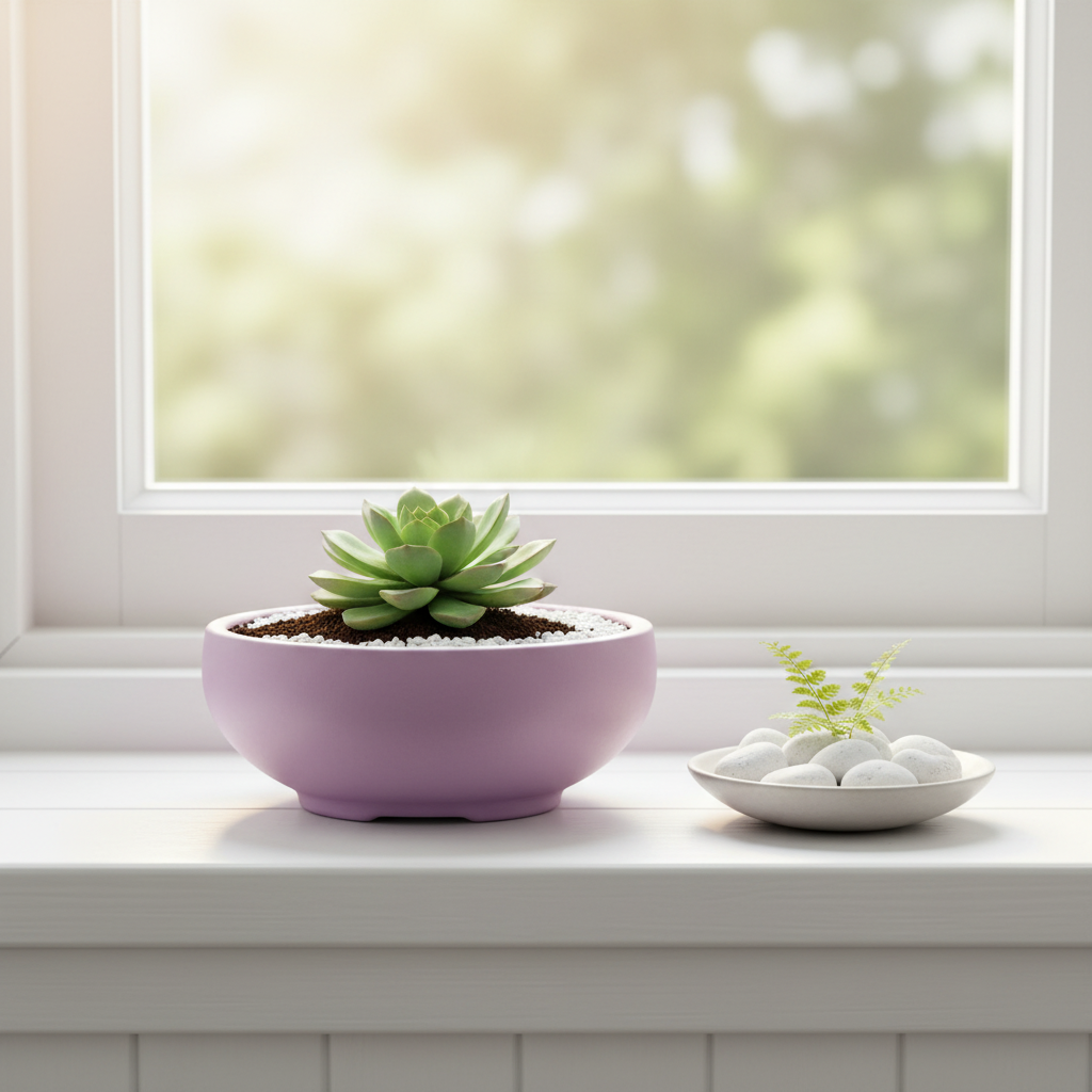 Lavender purple minimalist bonsai pot with succulent on white windowsill, bright Scandinavian lifestyle