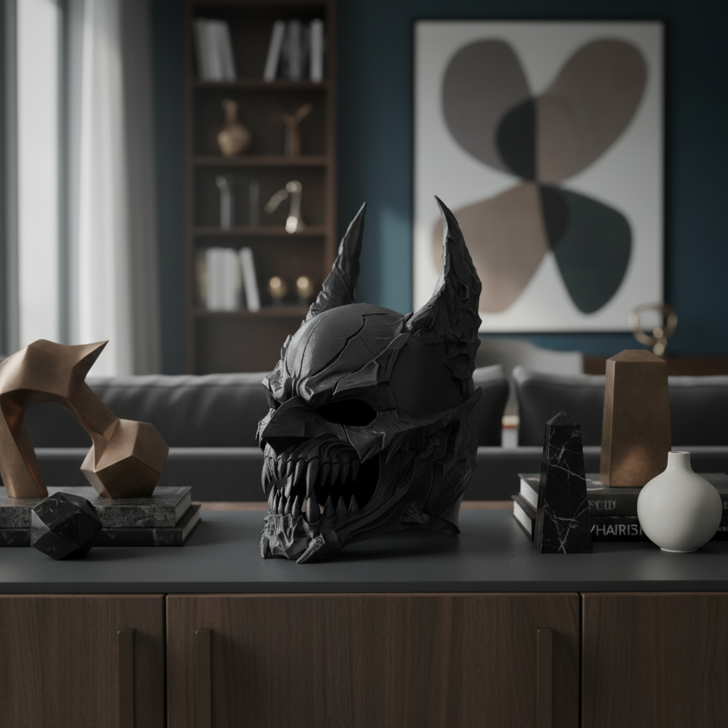 Deep charcoal Demon Skull Helmet Sculpture displayed on a dark home office sideboard