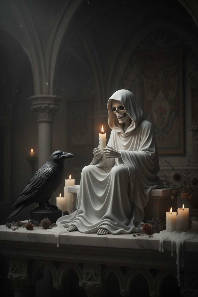 Grim Reaper shelf sitter figurine white matte hooded skull face flowing robes skeletal hands holding glowing candle pale marble shelf dark moody interior black raven sculpture melted taper candles dried flowers ghostly atmospheric editorial portrait