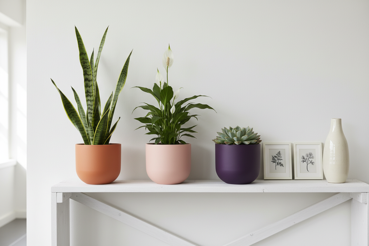 Minimal Rounded Planter three colours on shelving terracotta pink purple