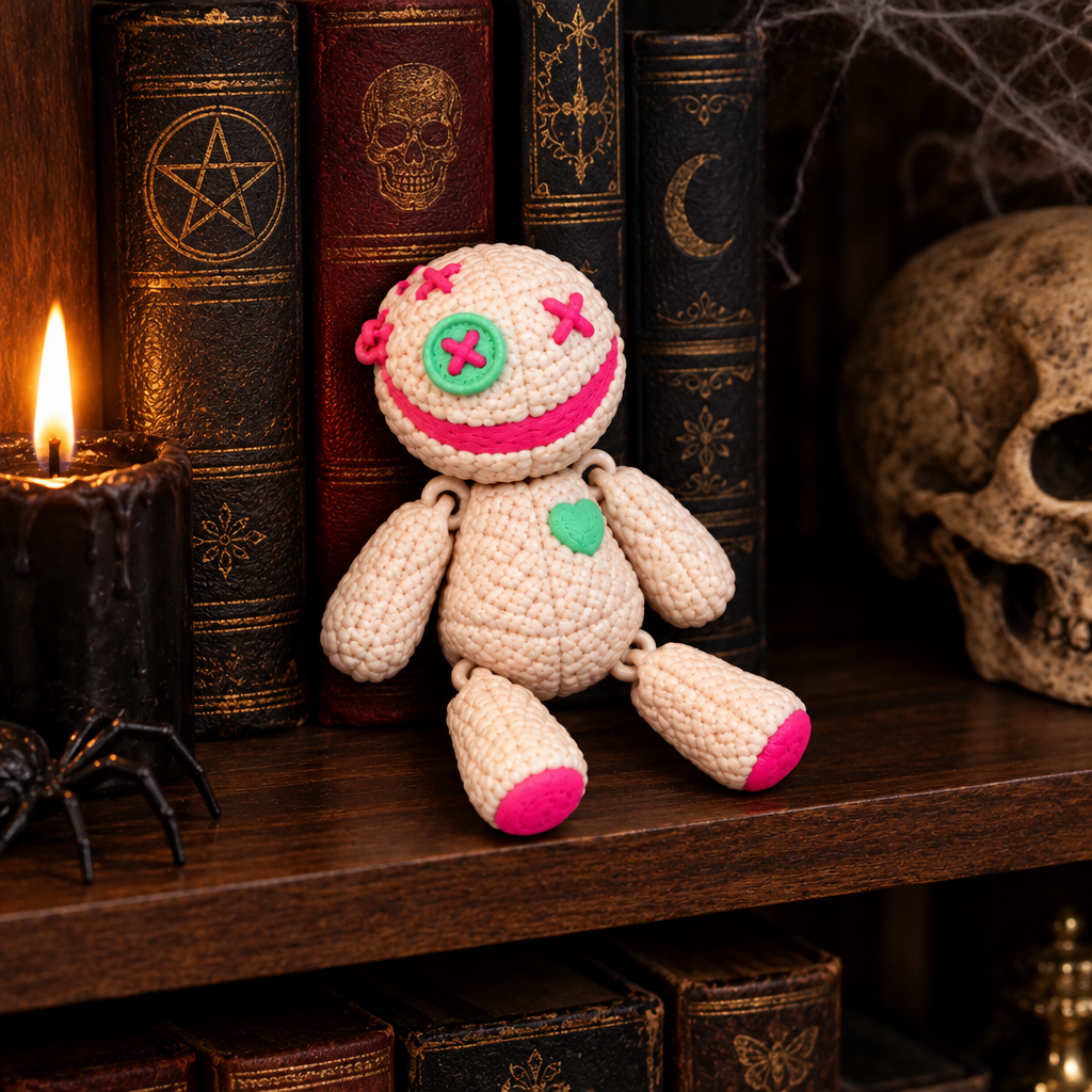 Cream and pink Vodoo Doll on dark bookshelf