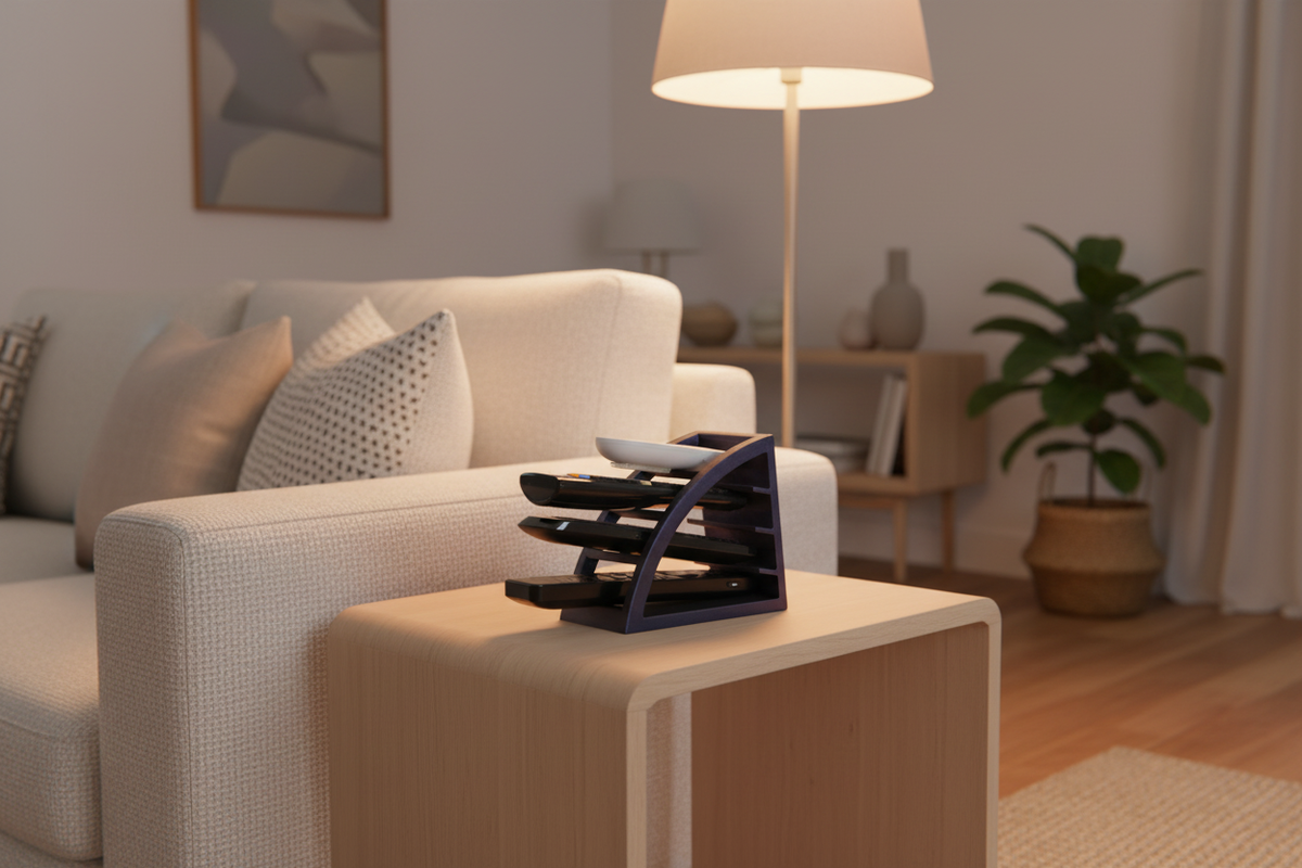 Remote Control Organizer on a wooden side table next to a sofa