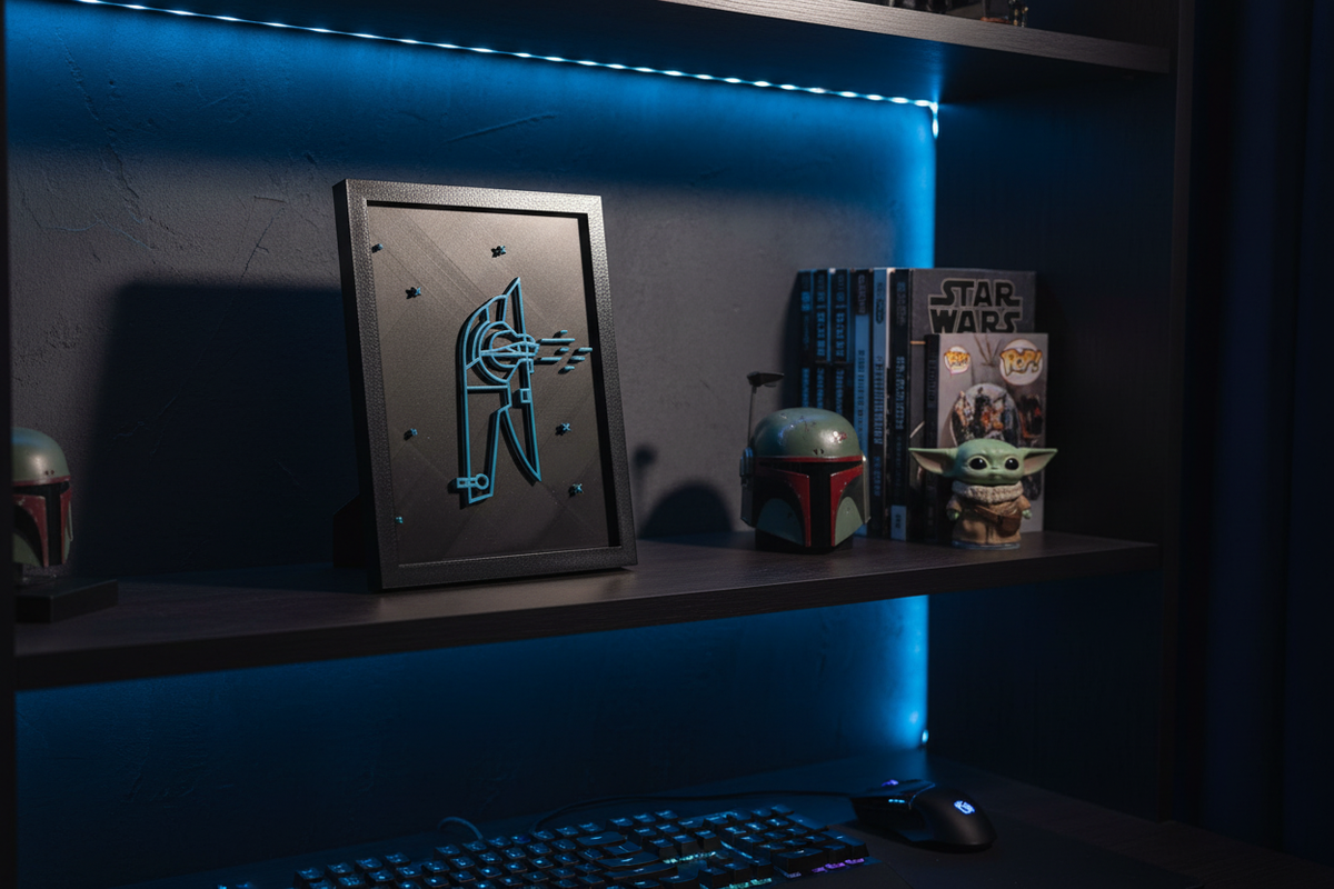 Slave I Neon Line Art shadow box on a dark wooden shelf in a moody cinematic gaming room with cyan teal finish and cross star markers