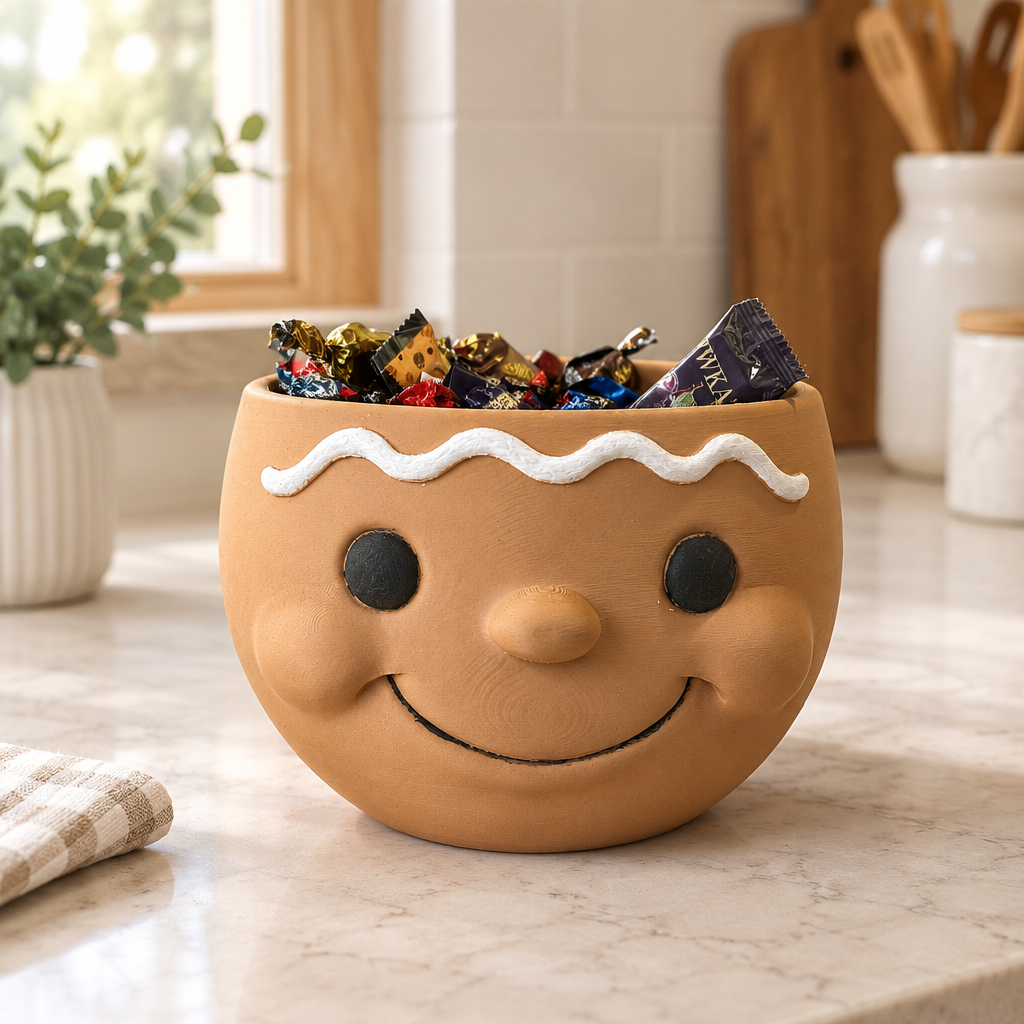 Brown snowman-head snack bowl with wrapped sweets on a light kitchen counter