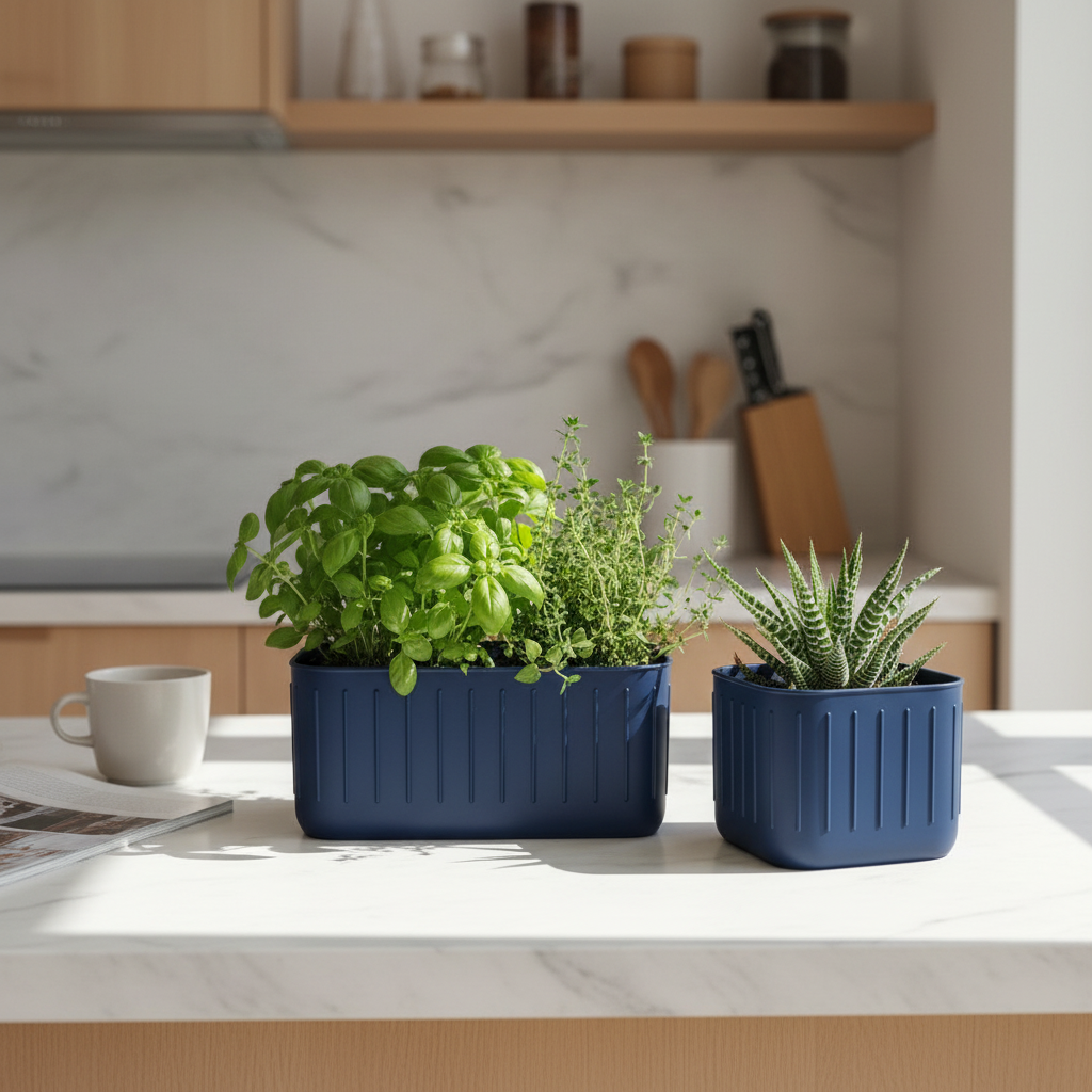 Navy blue Scandinavian ribbed pot pair on white kitchen counter with herbs and succulent