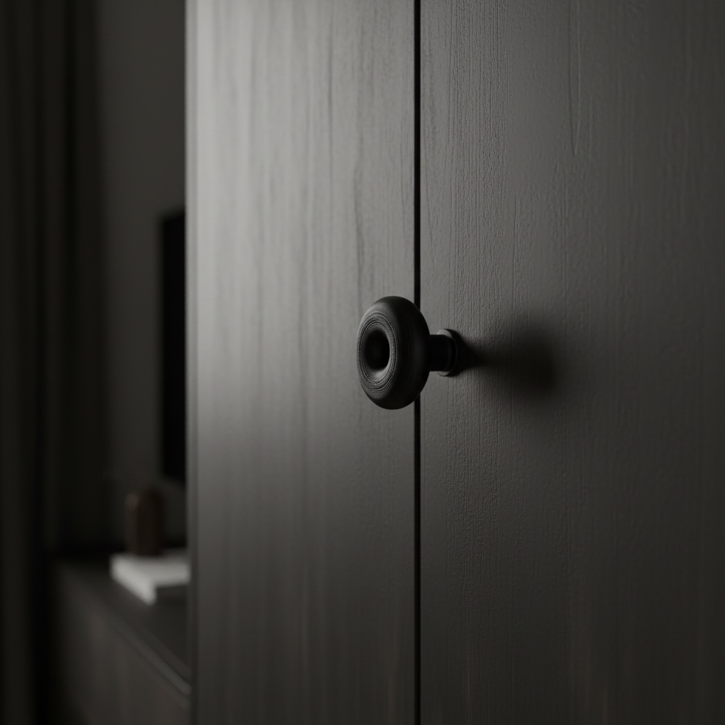 Black double donut knob on dark wardrobe - lifestyle