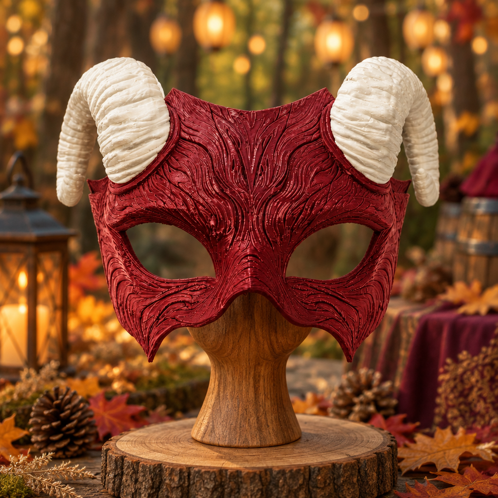Burgundy Faun Mask with ivory ram horns at an autumn woodland festival, strap not included
