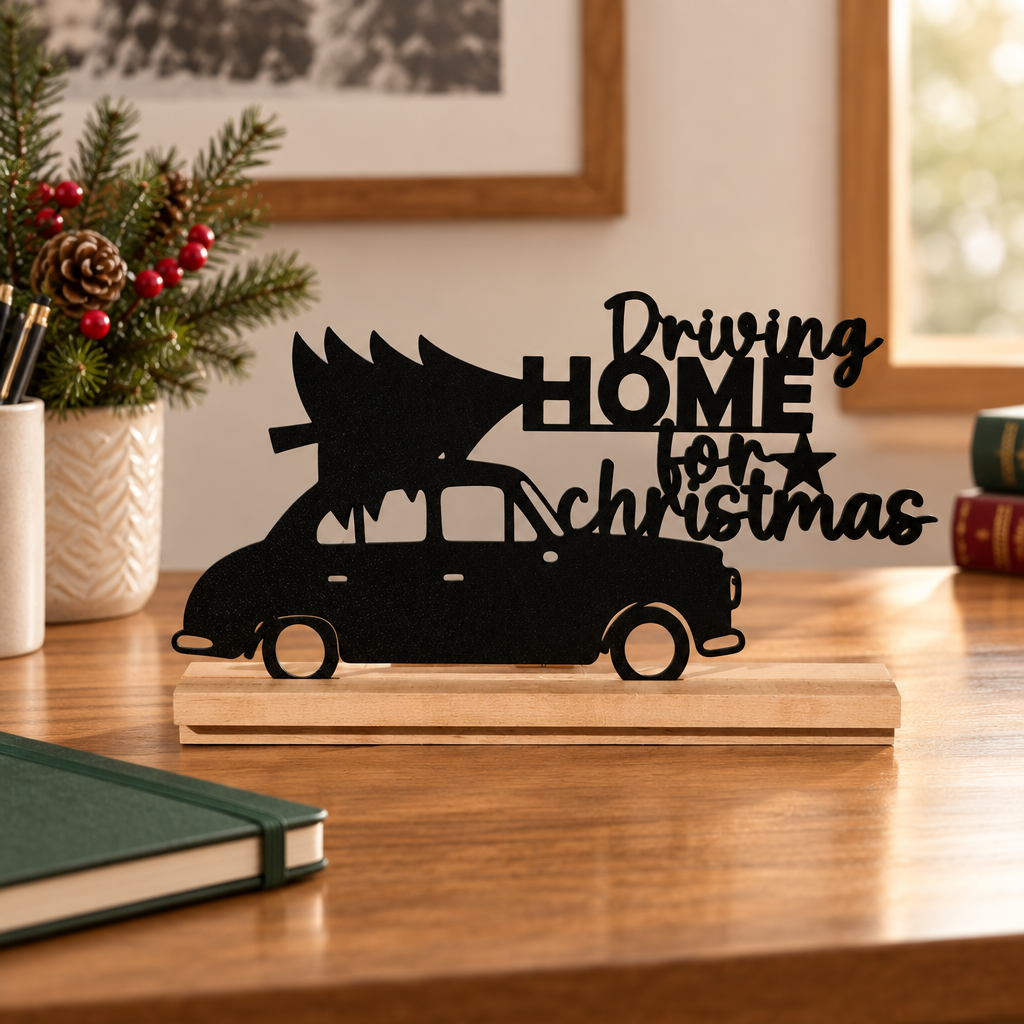 Black Driving Home for Christmas Sign displayed on a tidy desk