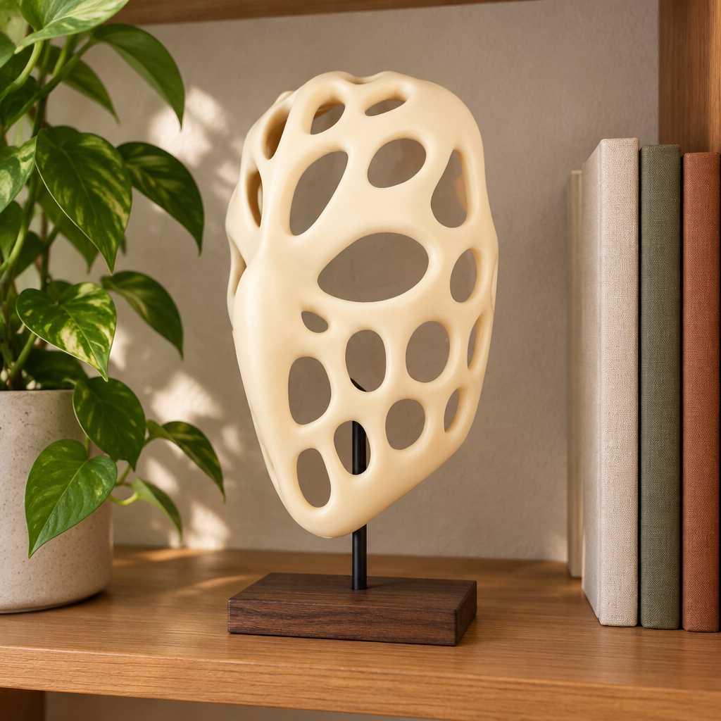 Beige organic hollow Voronoi Mask displayed on a modern bookshelf; no strap included