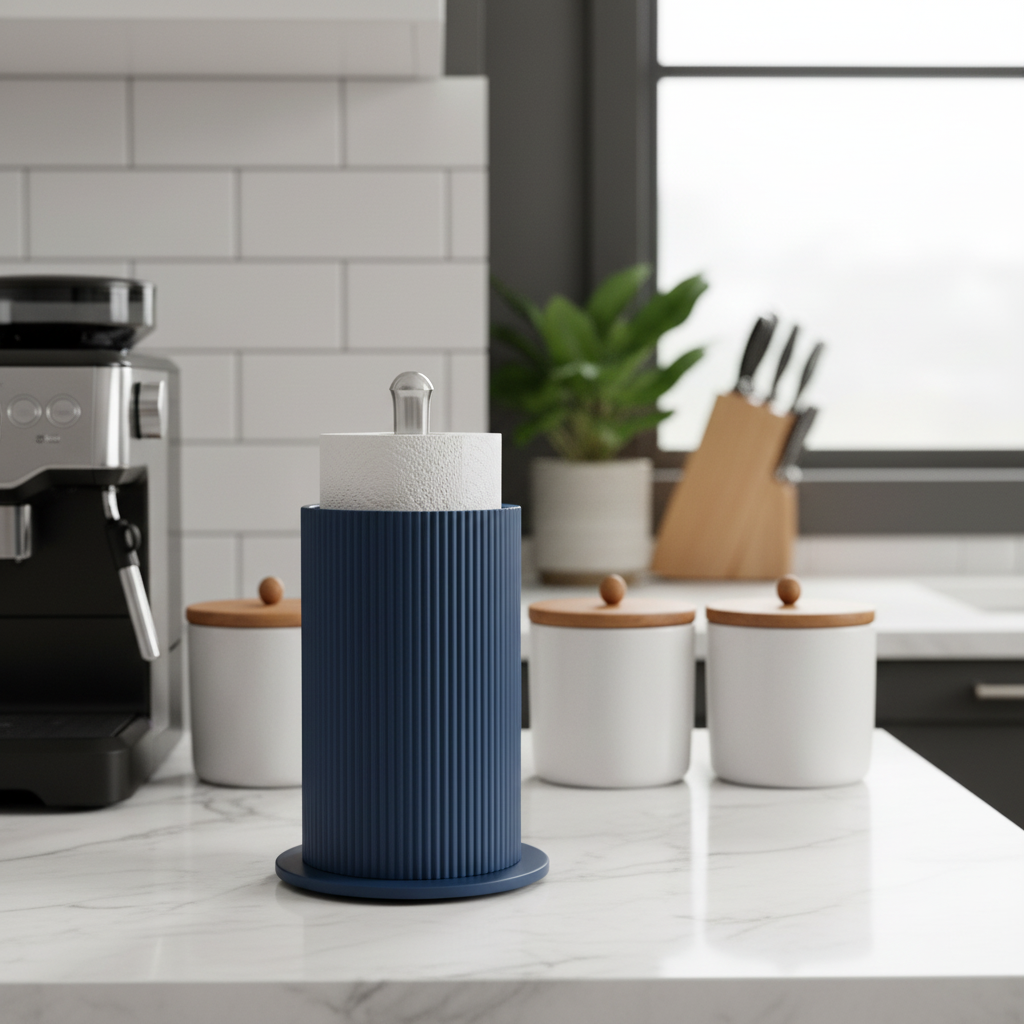 Inca Ribbed Paper Towel Holder - blue colourway with kitchen roll on marble counter, coffee machine and ceramic jars in background