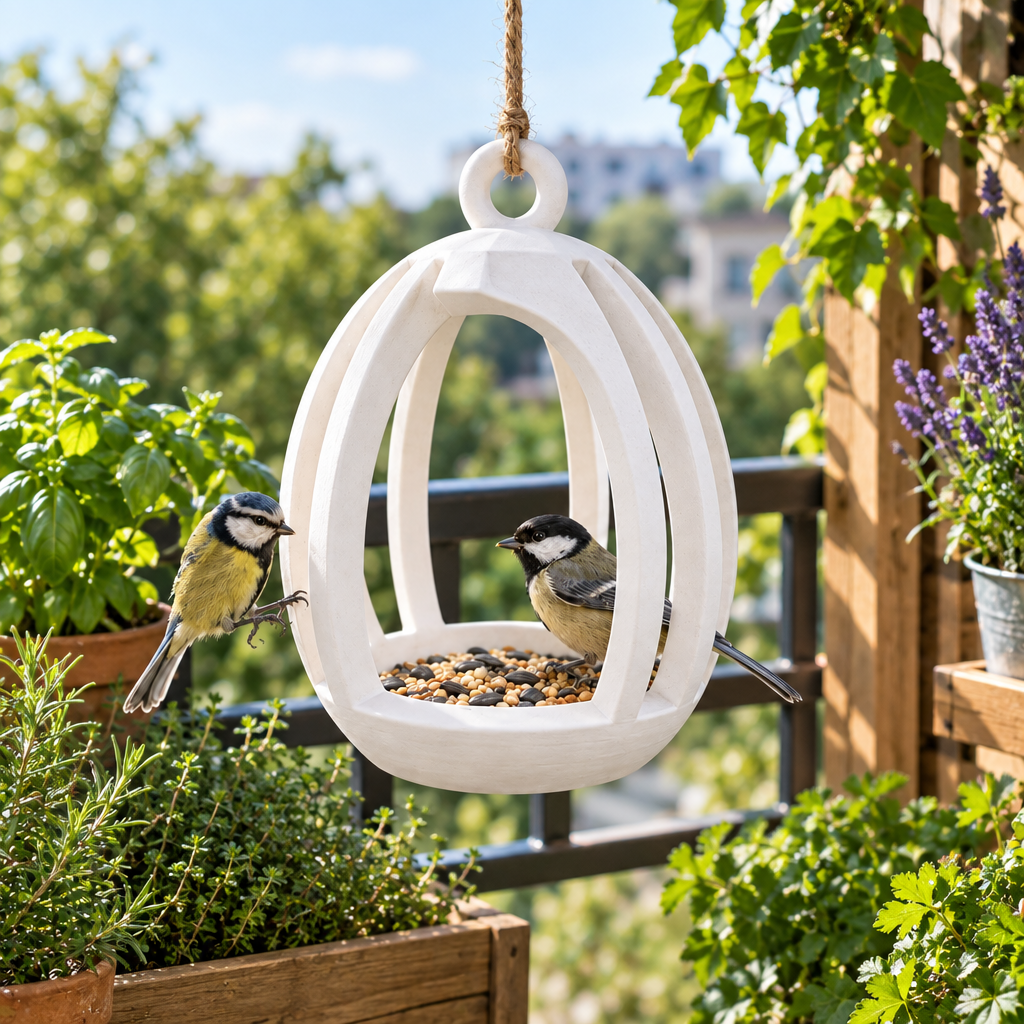 Ribbed feeder on a balcony with herbs