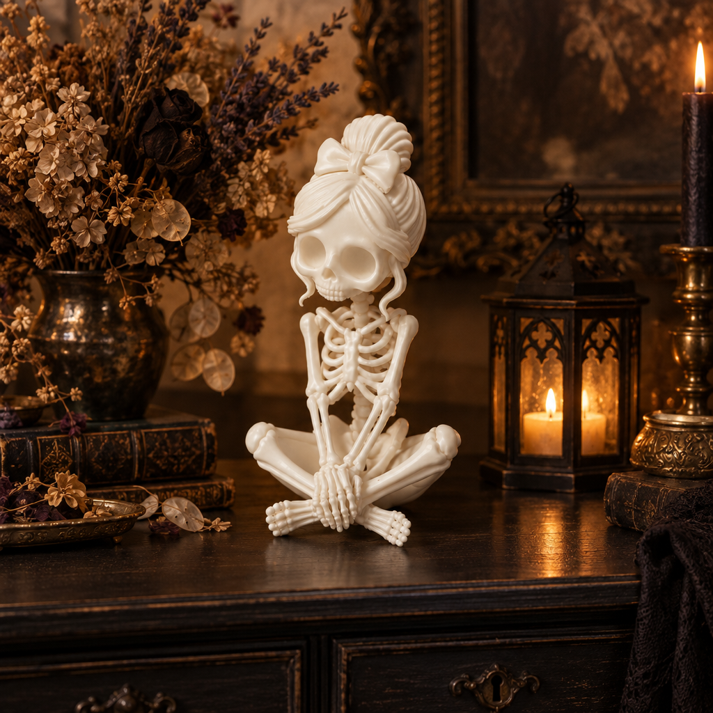 Lady Skeleton All Shy on a dark gothic sideboard
